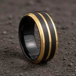 Gold Tungsten Ring with Black Strip Beveled Men's Wedding Band Men's Ring 8mm - Picture 1 of 3