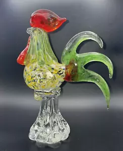 Statuina gallo in vetro artistico soffiato a mano rosso giallo verde pollo alto 8" - Foto 1 di 7