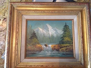 Vintage estate oil painting landscape mountains steam in the wilderness signed - Picture 1 of 8