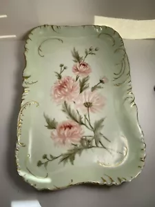 H&G. Limoges Tray green pink and gold. 14.5x9.5 Hand painted porcelain tray - Picture 1 of 4