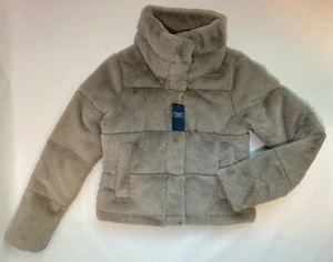 NWT Abercrombie & Fitch Faux Fur Mini Puffer Fawn Gray Coat Jacket Womens Sz XXS - Picture 1 of 8