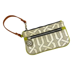 Spartina Womens Wristlet Geometric Canvas Linen Brown Leather Trim Wallet - Picture 1 of 8