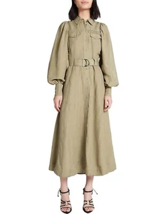 Aje Dress 6 Khaki Midi Linen Balloon Sleeve A Line Braided Ephemera Races Event - Picture 1 of 11