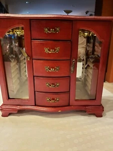Mahogany Wooden Upright Jewelry Chest with 2 Etched Glass Doors and w. 5 Draws - Picture 1 of 8