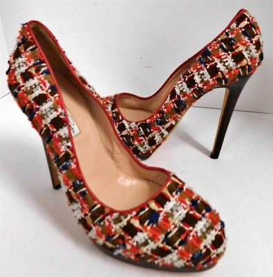 Nuevo Oscar De La Renta Italia Rojo Marrón Multi Tweed Plataforma Bombas Italia 41 Foto 1 de 4