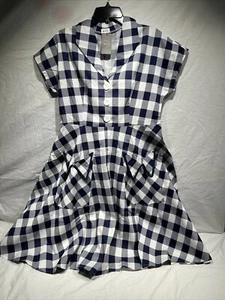 NWT AYLI Blue Checker  Fit And Flare Dress 1950 RETRO 20 Glamorous V Neck Button - Picture 1 of 13