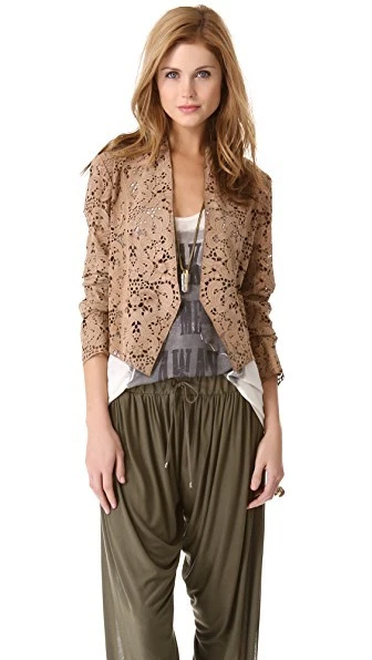 HAUTE HIPPIE SUEDE 100%GOATSKIN FLORAL LASER CUT OPEN FRONT ASYMMETRIC JACKET-M - Image 1 of 4