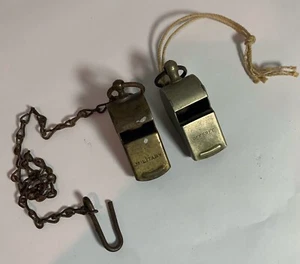 VINTAGE MILITARY BRASS DRILL WHISTLE W/ CHAIN AND REFEREES WHISTLE LOT OF 2 - Picture 1 of 7