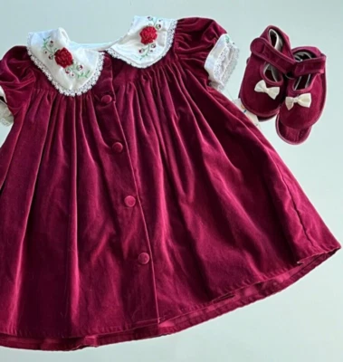 TWO PC Vintage B.T. Kids Dress Sz24M Velvet Holiday Satin Collar Rose appliqué - Image 1 of 4