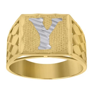 10kt Two-Tone Gold Mens Diamond-Cut Textured Initial Letter Y Band Ring - Picture 1 of 2