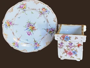 Antique Porcelain Dresden Flower 3" Cache Pot Helena Wolfsohn Plate 6" succulent - Picture 1 of 21