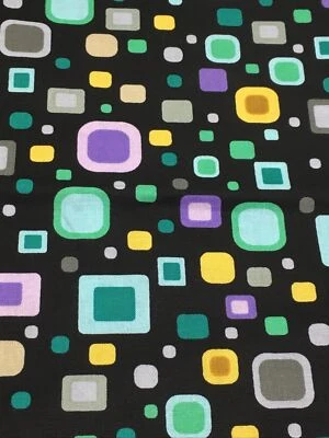 Hancock Fabrics Retro Mod Geometric Teal Grey Yellow Purple on Black 26" 44"W - Image 1 of 3