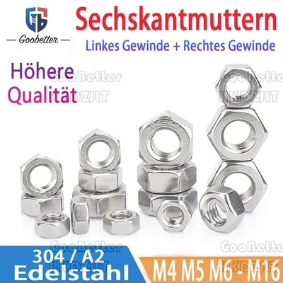 Sechskantmuttern A2 Edelstahl M4 M5 M6 M8 M10 M12 M14 M16 Rechts Links Gewinde - Bild 1 von 4