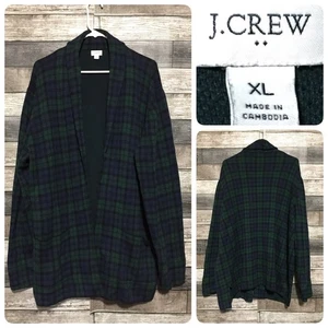 J Crew Tartan Plaid Long Cardigan Sweater Women’s XL Blue Green Open Front - Picture 1 of 9