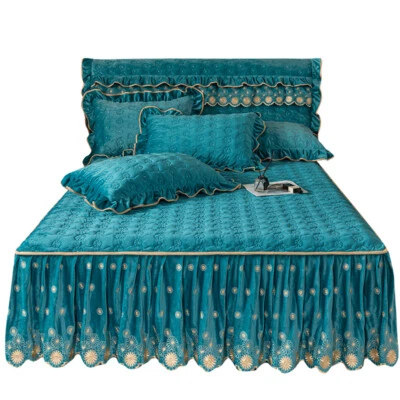 Embroidery Velvet Bedspread Queen Quilted with 1 Headboard Cover 2 Pillowcases - Image 1 of 4