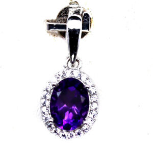 Unheated 6 x 7 MM. Purple Amethyst & Simulated Cz Pendant 925 Sterling Silver