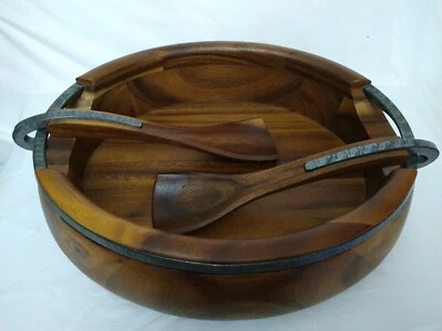 NAMBE Salad Platter Servers Acacia Wood Metal Rim 16x13x4"? Heavy Over 9Lb GREAT - Image 1 of 4
