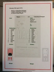 1973-74 Hayes v Tottenham Hotspur London Challenge Cup Final Matchsheet - Picture 1 of 1