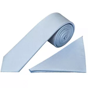 Plain Light Blue Textured Silk Skinny Men's Tie and Pocket Square Set Slim Thin - Picture 1 of 4