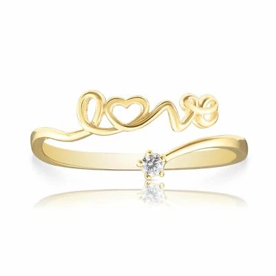 14K Real Solid Yellow Gold Solitaire CZ Dainty Script LOVE Adjustable Band Ring - Image 1 of 4