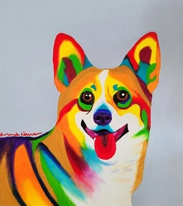 Colorful Rainbow dog Corgi welsh portrait Art Print Of Painting by Amanda Norman - Picture 1 of 1