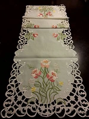 15"x69"Embroidered Table Runner Pink Tulip Floral Cutwork Tablecloth Home Decor - Image 1 of 3
