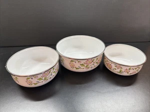 Kobe Kitchen  Enamel (3) Mixing Nesting Bowls Floral Vtg Pattern No Lids - Picture 1 of 5