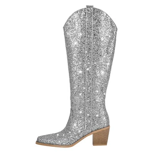 Onlymaker Chic Brillo Vaquero Occidental Botas Altas a la Rodilla Tacón Grueso Zapatos de montar - Imagen 1 de 21