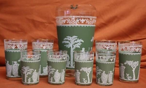 Vintage Glass Pitcher And Glasses with Grecian Design. Tag 121t - Picture 1 of 17