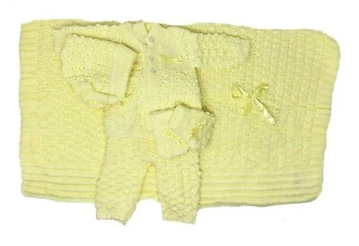 Crochet Bebé Manta y Sombrero Recién Nacido Conjunto Mitones Pantalones Suéter Amarillo Foto 1 de 2