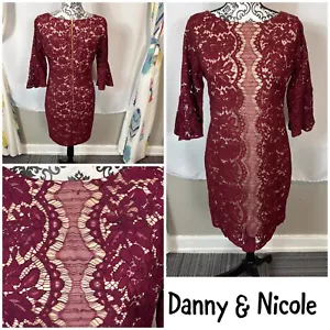 Danny and Nicole wine/nude lace fit n’ flare bell sleeve dress. Size 12P - Picture 1 of 11
