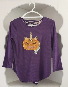 Poof Girl - Halloween Top Girls Size XL Purple Stripe Sequin Unicorn Pumpkin NWT - Picture 1 of 10