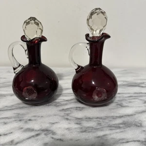 Vintage Ruby Red Cut to Clear Glass Cruet Bohemian Clear Facet Cut Stopper Set 2 - Picture 1 of 16