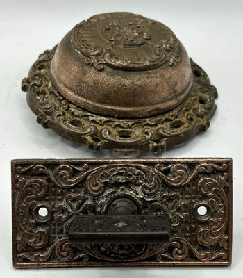 Old Salvaged Hardware Antique Victorian Embossed Mechanical Cast Iron Door Bell - Image 1 of 4