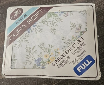 Vintage NEW SEALED Cannon No- Iron Dura-Soft Floral FULL 4pc Sheet Set  - Image 1 of 3