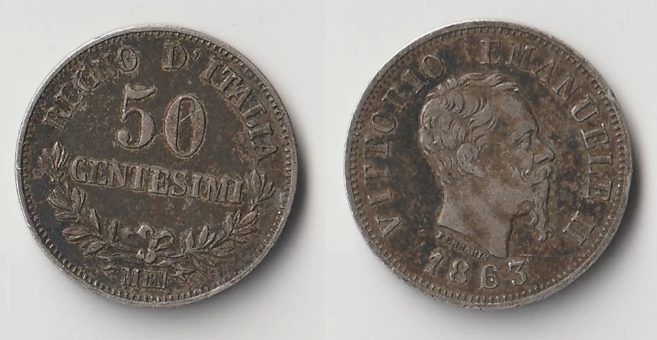 1863 M BN Italy 50 centesimi silver coin - Image 1 of 1