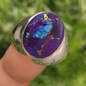 Solid 925 Sterling Silver Natural purple Copper Turquoise Gemstone Mens Ring