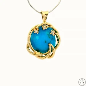Vintage 14k Yellow Gold Pendant with Old Kingman Mine Turquoise and Diamond - Picture 1 of 8