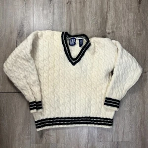 GAP Women's Cable Knit Tennis Sweater 100% Wool V-Neck Large Pullover Beige - Picture 1 of 7