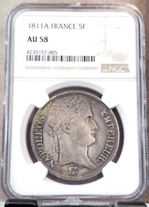 1811 FRANCE SILVER 5 FRANCS 5F EMPEROR NAPOLEON BONAPARTE NGC AU 58 RARE BEAUTY - Picture 1 of 3