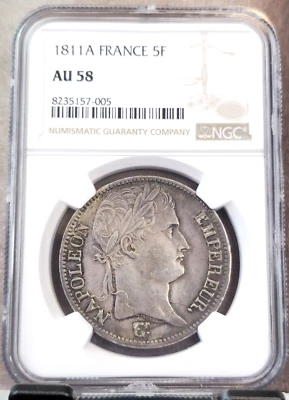 1811 FRANCE SILVER 5 FRANCS 5F EMPEROR NAPOLEON BONAPARTE NGC AU 58 RARE BEAUTY - Image 1 of 3
