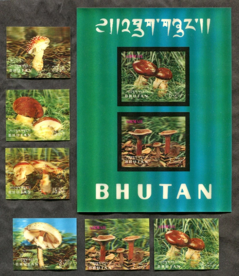 Juego de setas y sábana de recuerdo BHUTAN 1973. MNH sin montar. 3D Foto 1 de 2