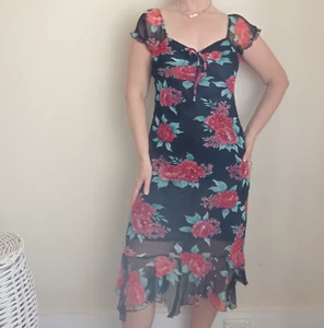 Y2K Black Rose Beaded Midi Dress M Chiffon Lined Sweetheart Neckline Vintage 90s - Picture 1 of 15