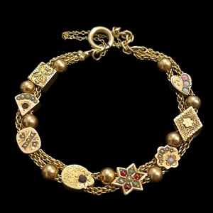 Antiguo brazalete de colección de oro amarillo de 14 quilates con dije de piedras preciosas y perlas de ópalo - Imagen 1 de 8