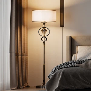 HYMELA Luxury LED Metal Floor Light Tall Pole Standing Lamp Fabric Shade Bedroom - Picture 1 of 8