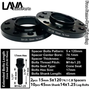 2PC 15MM THICK 5X120 74.1MM C.B WHEEL SPACER+45MM 14X1.25 BOLT FIT BMW X5/X6 - Picture 1 of 2