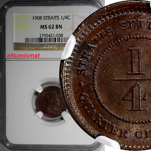 Straits Settlements Edward VII Copper 1908 1/4 Cent NGC MS62 SCARCE KM# 17 (038) - Picture 1 of 4