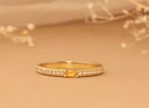 14k Solid Gold Citrine Baguette Ring, Dainty Band, Wedding Ring, November Stone - Picture 1 of 9