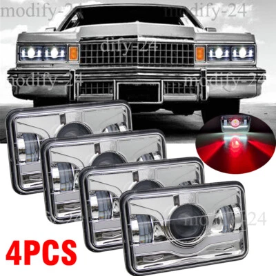 Fit Cadillac Fleetwood 1975-1986 4PCS 4x6" LED Headlights Red DRL Hi/Lo Beam DOT - Image 1 of 4