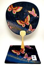 Japanese Vtg Handkerchief Uchiwa Paper Hand Fan Paddle Handle Butterfly Pattern